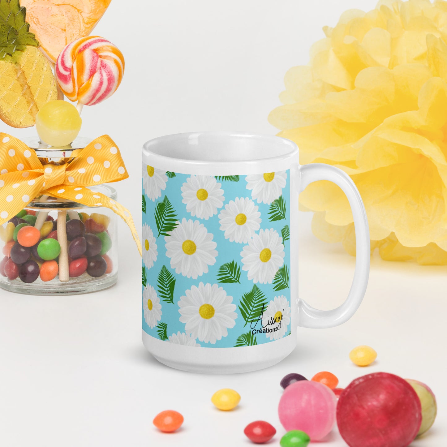 Mug Blanc Brillant "Marguerites" - 11 oz - Aissegé Créations