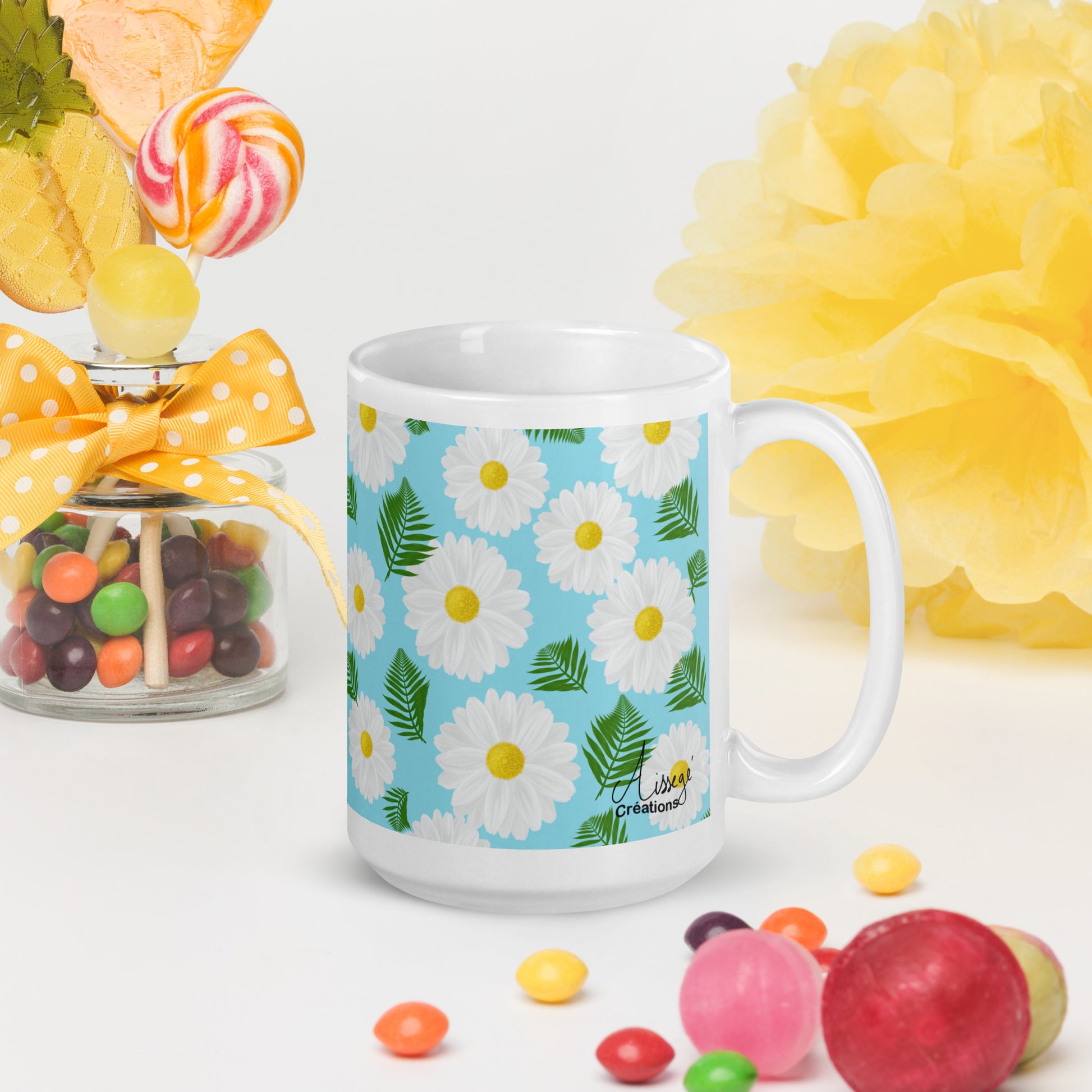 Mug Blanc Brillant "Marguerites" - 11 oz - Aissegé Créations