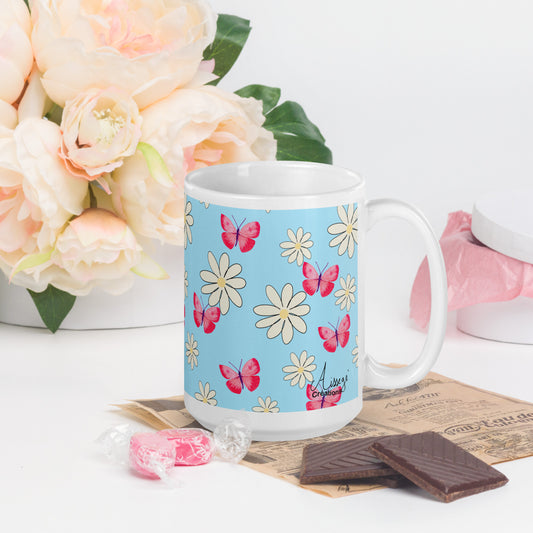 Glossy White Mug "Butterflies and Daisies"