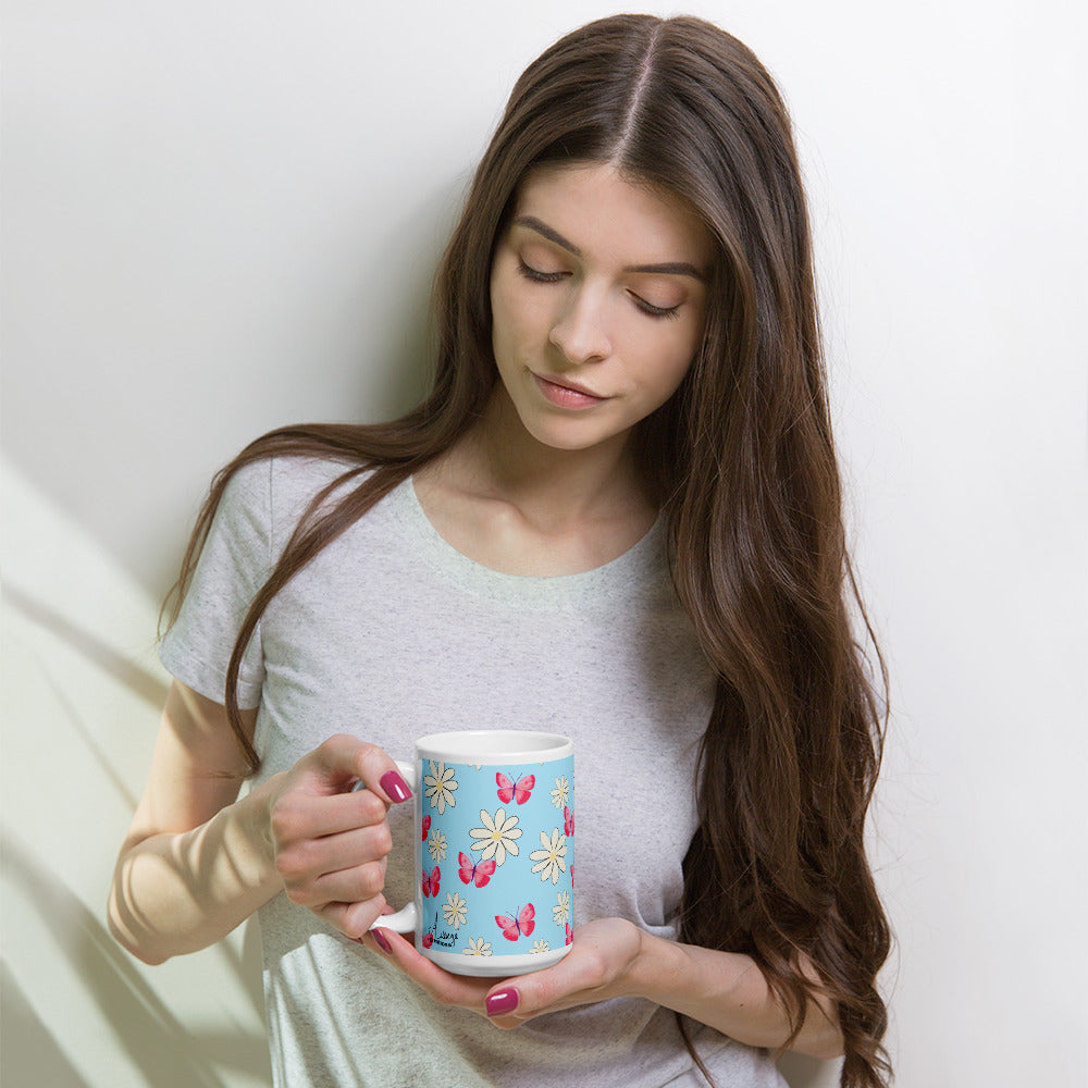 Glossy White Mug "Butterflies and Daisies"