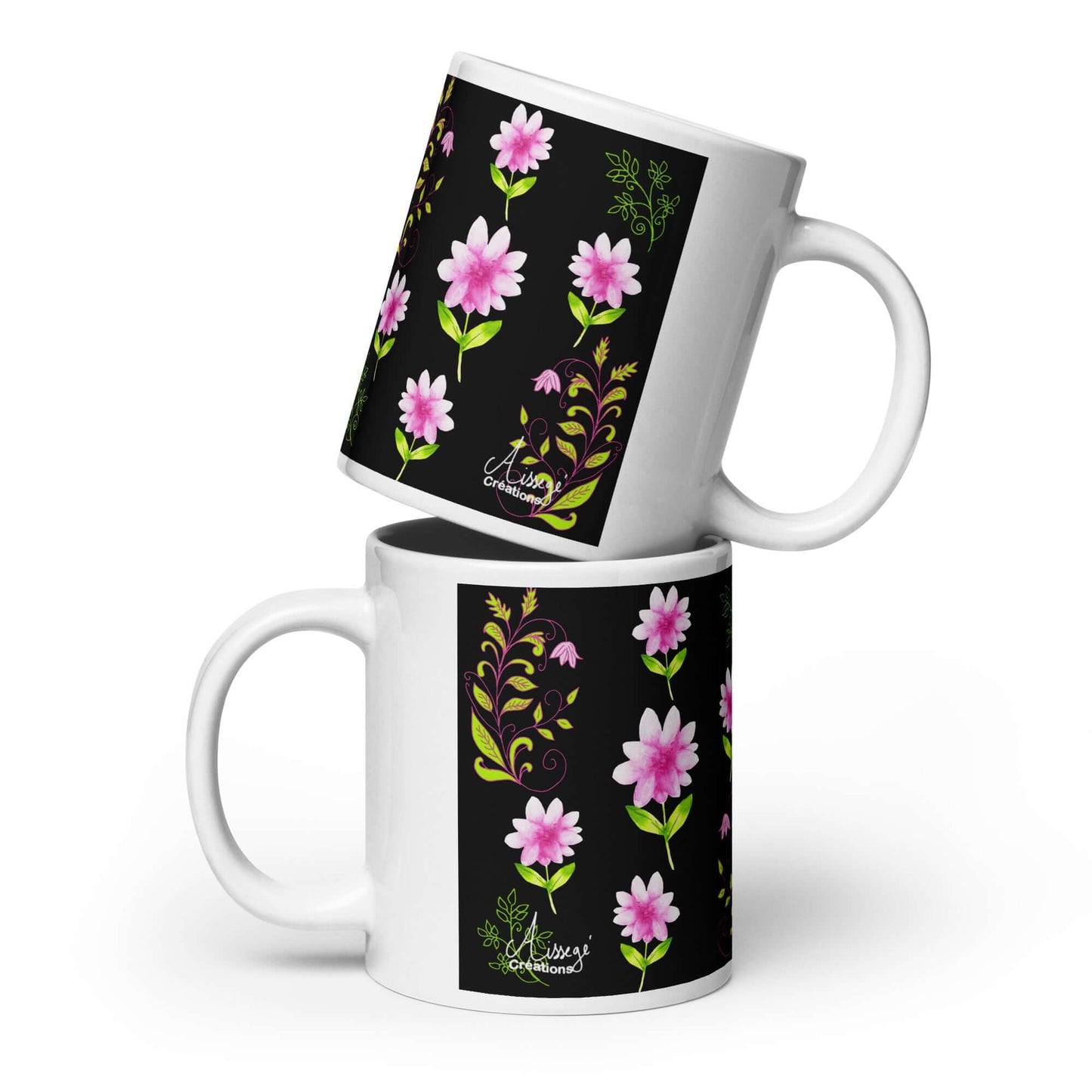 Mug Blanc Brillant "Fleurs et Arabesques"