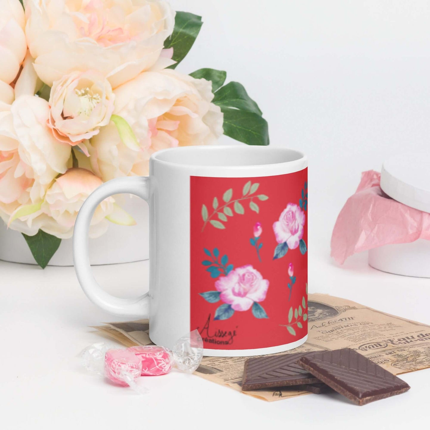 Mug Blanc Brillant "Roses du jardin"