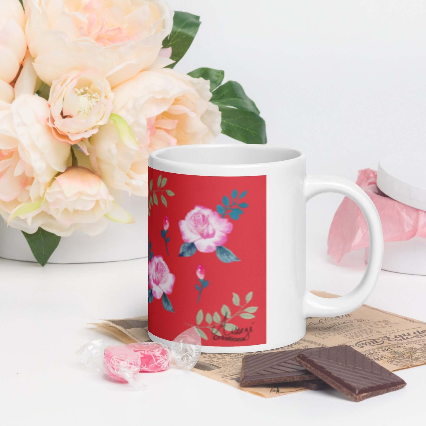 Mug Blanc Brillant "Roses du jardin"