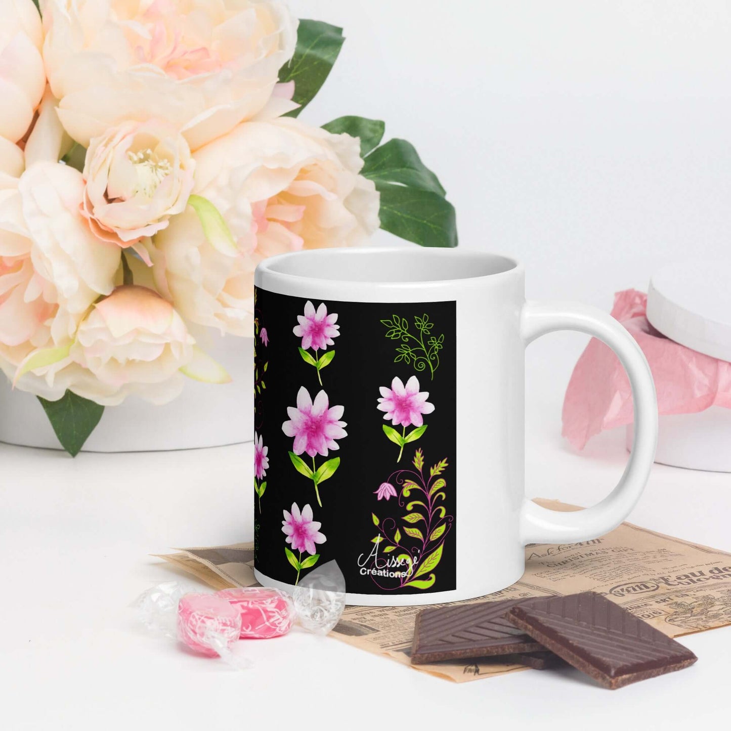 Mug Blanc Brillant "Fleurs et Arabesques"